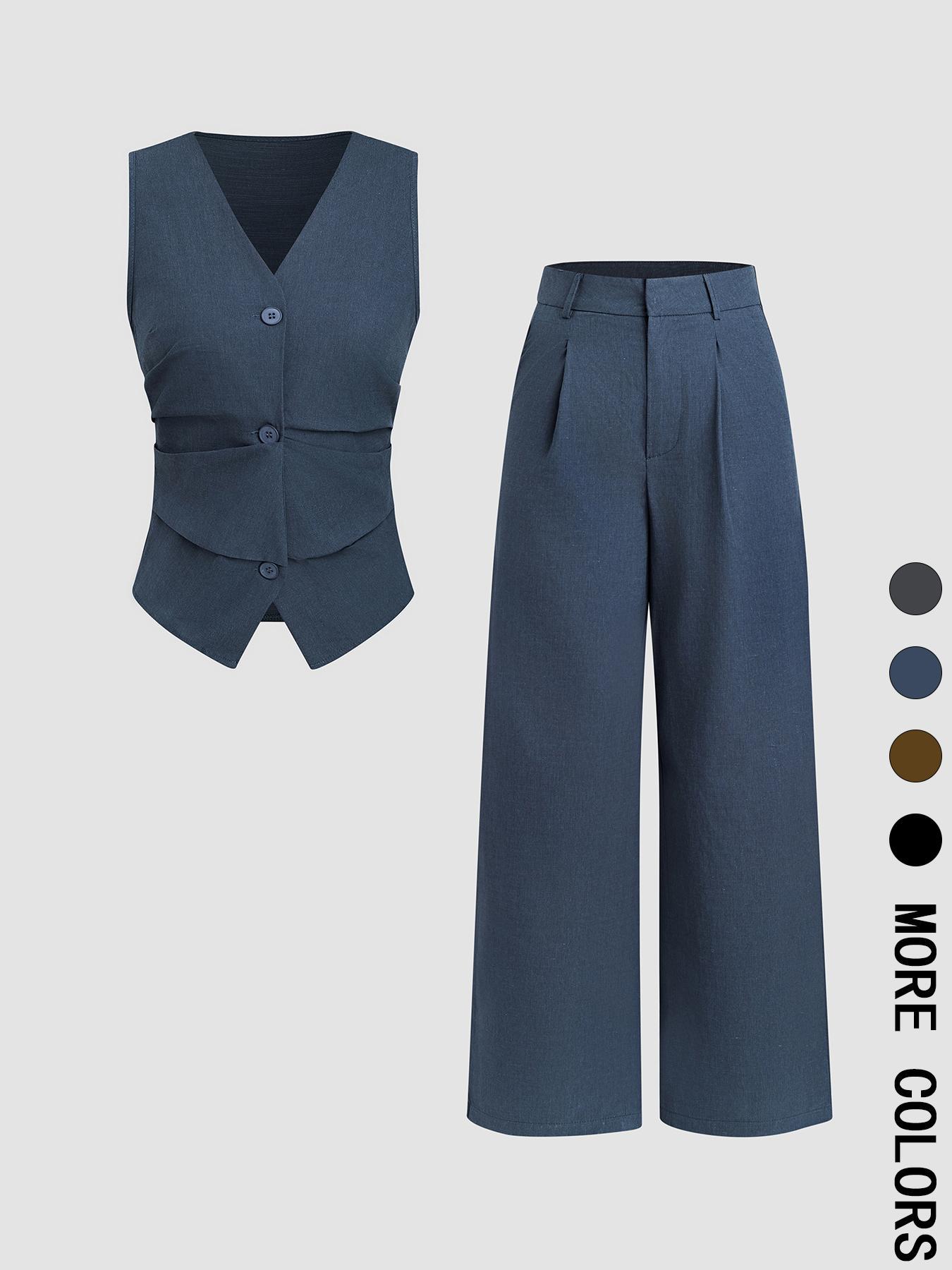 Classic Suit Set, Two Piece Set Solid Color Vest & Wide Leg Pants Elegant Fitted Fashion Casual Work Office Business Suits for Summer Fall Y2K, On The Go, Beach Ready, Relaxed Fit, Chic, Slim, Coastal Style