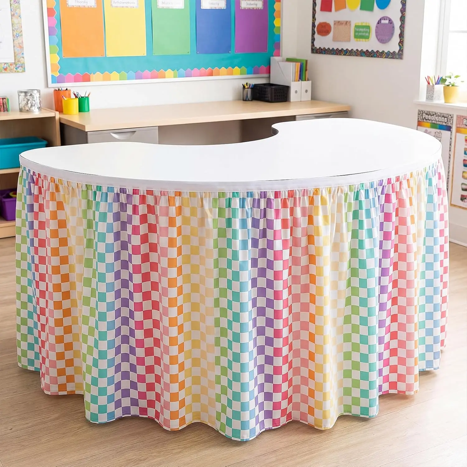 Colorful Plaid Table Skirt, Teacher Desk Cover, Polyester Tablecloth, Classroom Dorm Office Decor, Oval Rectangular Table Decoration