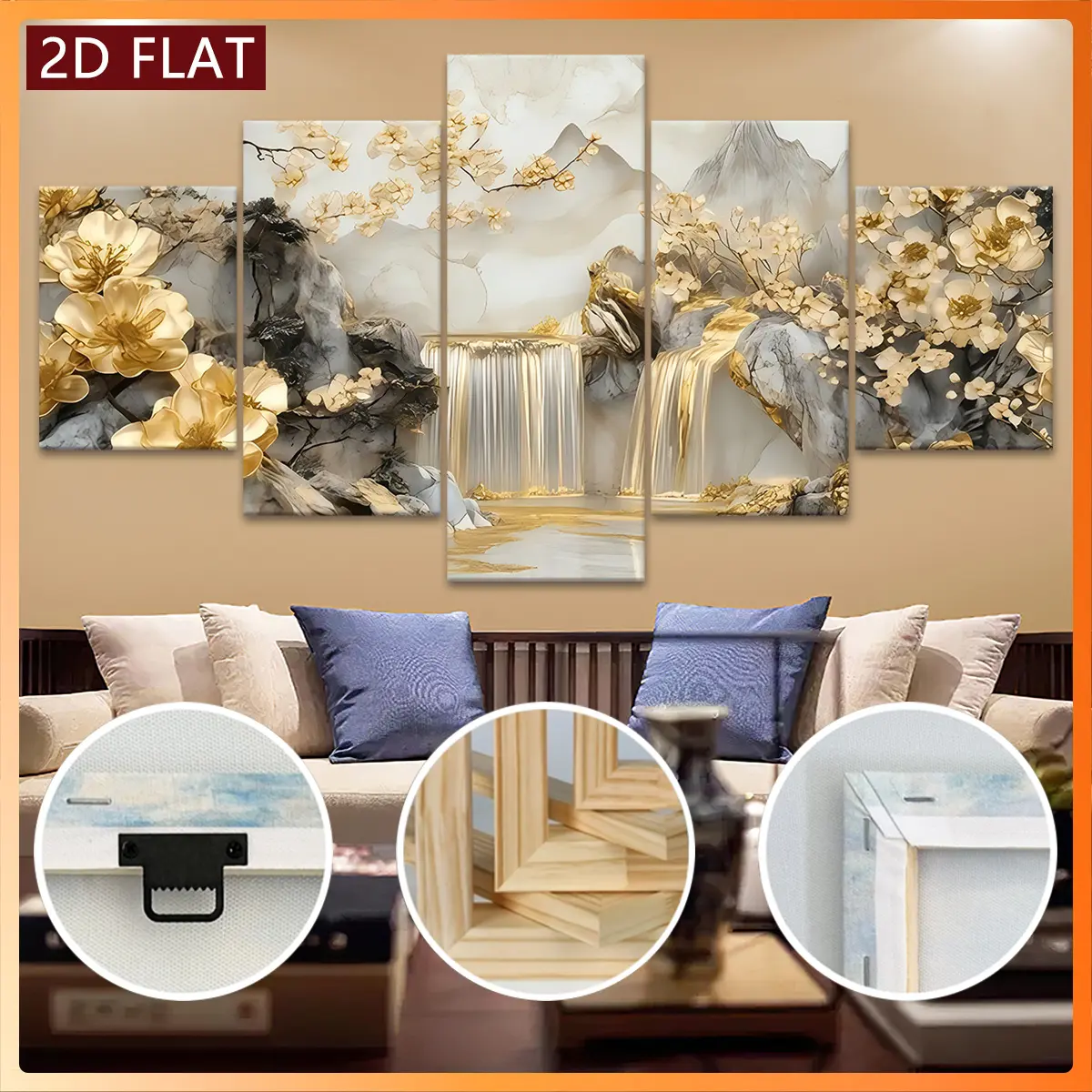 2D Flat Decorative Paintings, 5-Piece Modern Gold Floral Waterfall Artworks - Wooden Framed Canvas Paintings, Suitable For Home, Office And Living Room Decoration, Horizontal Landscape Art Panels With Hooks For Installation, Suitable For All Seasons, Chr