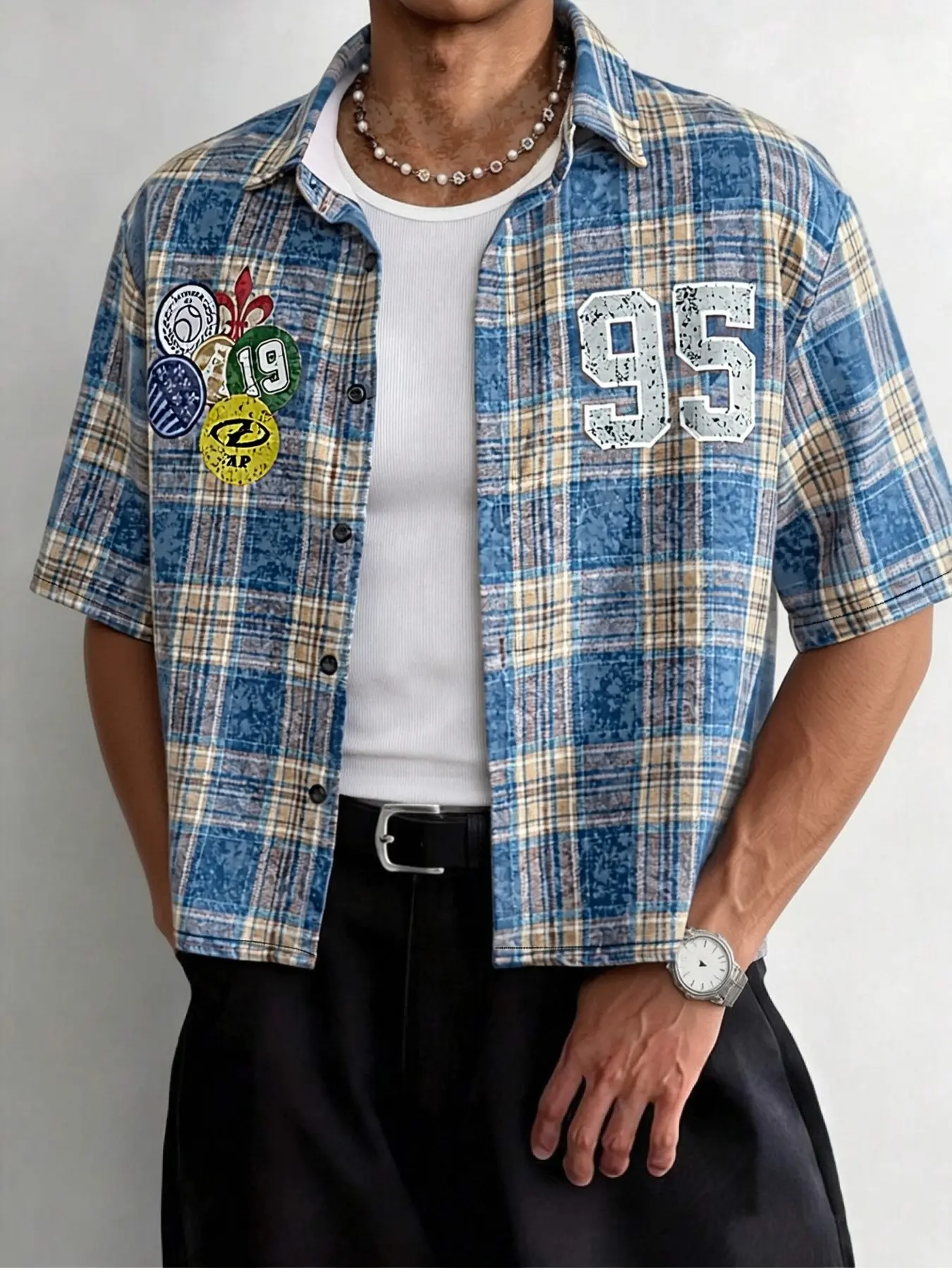 Men's Vintage Classic Plaid Short Sleeve Shirt, Oversized Loose Fit Relaxed Fit Casual Blouse, Graphic Print, Retro College Style, All Seasons Wear, Streetwear