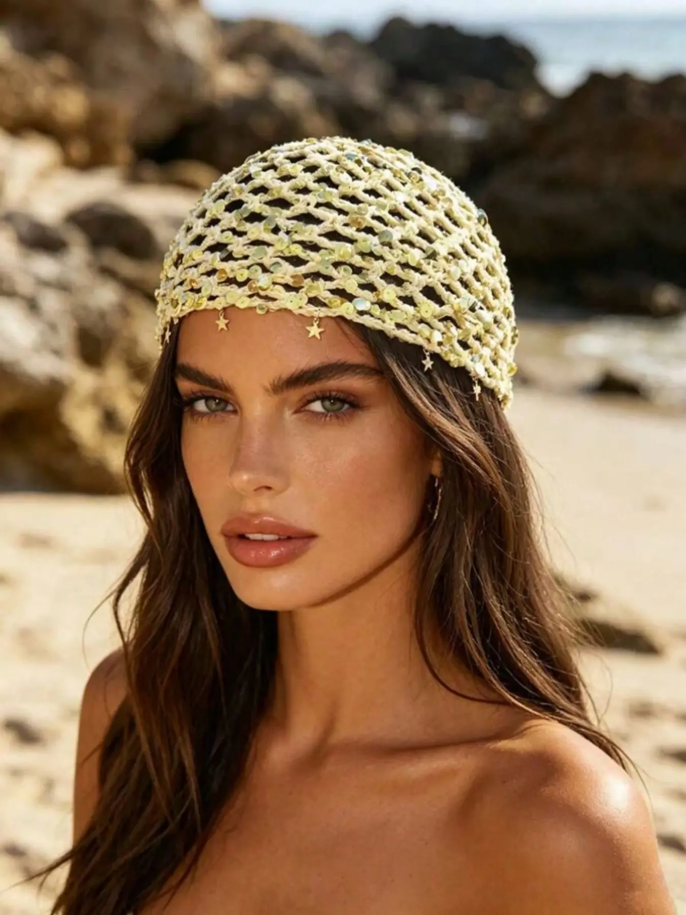 1pc Bohemian Style Hollow Out Sequin Knit Beanie Hat With Star Pendant, Multi-Color Vacation/Street Beanie With Star Penda