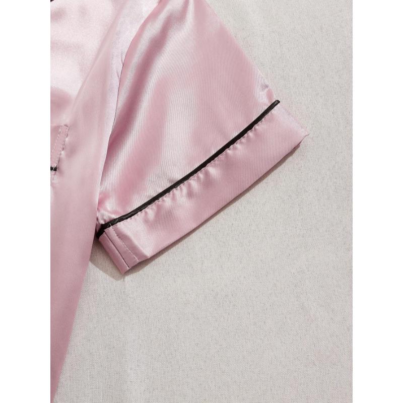 3 sets 3-Piece Satin Pajama Set for Women: Short Sleeve Lapel Top & Elastic Waistband Shorts Loungewear Nightwear Casual Fabric