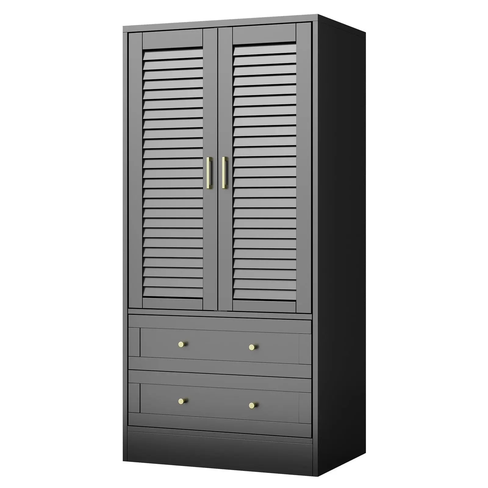 65" Louvered Wooden Wardrobe Closet with Double Doors, 2 Large Drawers, Hanging Rod, Durable Composite Wood, Anti-Tip Design, Modern Style for Bedroom, Entryway, and Laundry Storage