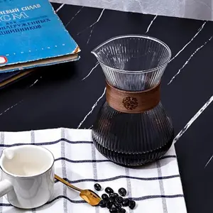 Coffee Carafe, 14oz High Heat Borosilicate Glass Small Coffee Carafe Pot, Striped Pour Over Coffee Maker with Heat-Resistant Wood Ring, Milk Frothing Pitcher Cup (Gray)