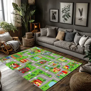 City Traffic Road Map Kids Play Crystal Velvet Non-Slip Educational Play Area Rug #KidsRoadMapRug #CityTrafficPlayMat #ChildrenEducationalCarpet #CrystalVelvetFloorMat