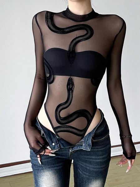 Sheer Velvet Snake Print Mesh Bodysuit, Sexy Slim-Fitting All-In-One for Summer, Elegant and Bold Fashion Statement