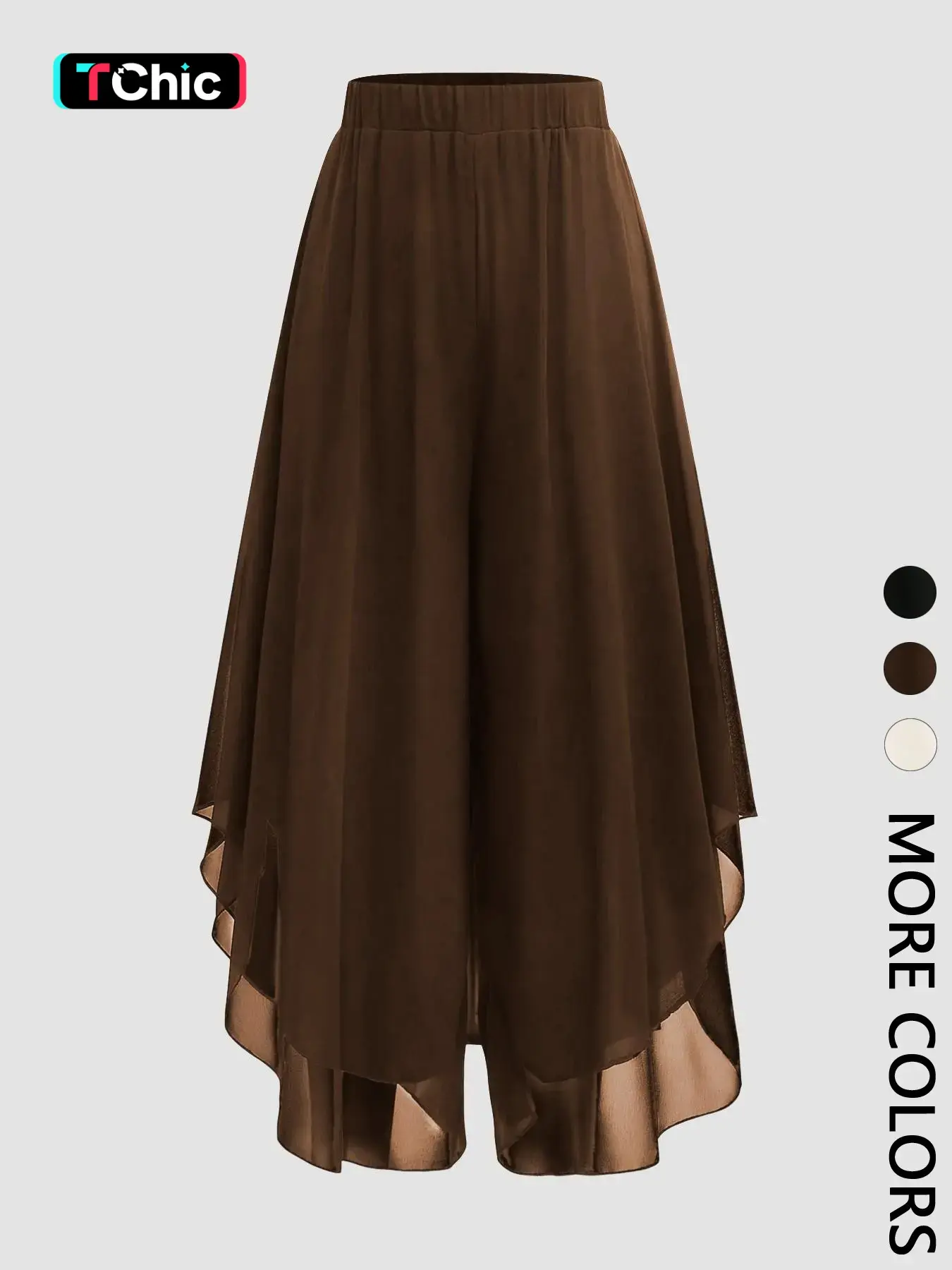 Women's Layered Culottes, Elastic High Waist Asymmetrical Hem, Daily Casual Office Vacation Wear, Sheer Lightweight Breathable Flowy, Elegant Casual Style, Bottom, Bottom Pants Trouser
