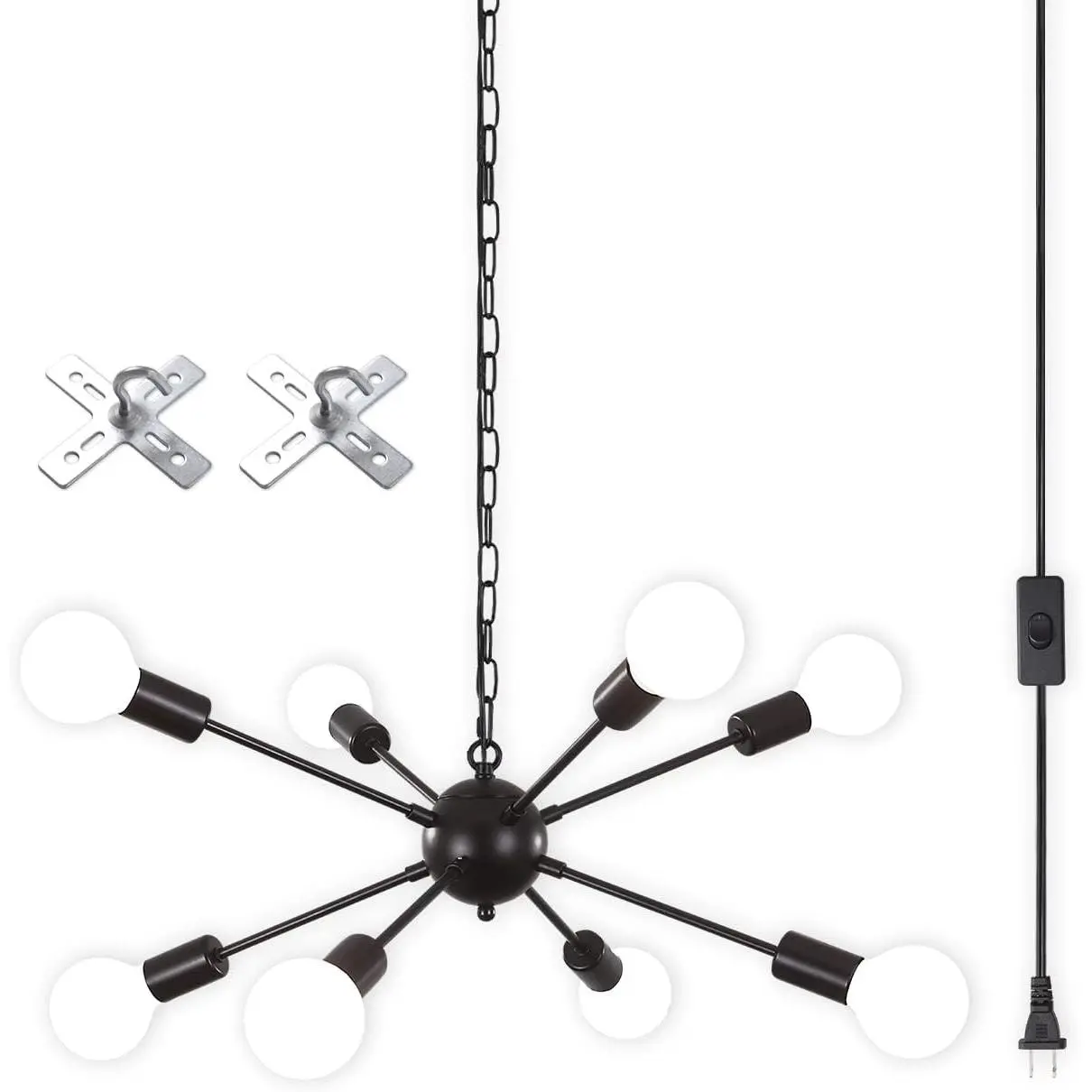 8 Lights Plug in Chandelier,Hanging Lights with Plug in Cord 16.4ft & On/Off Switch,Black Plug in Pendant Light,Modern Sputnik Chandeliers for Dining Room Living Room Bedroom Kitchen Island