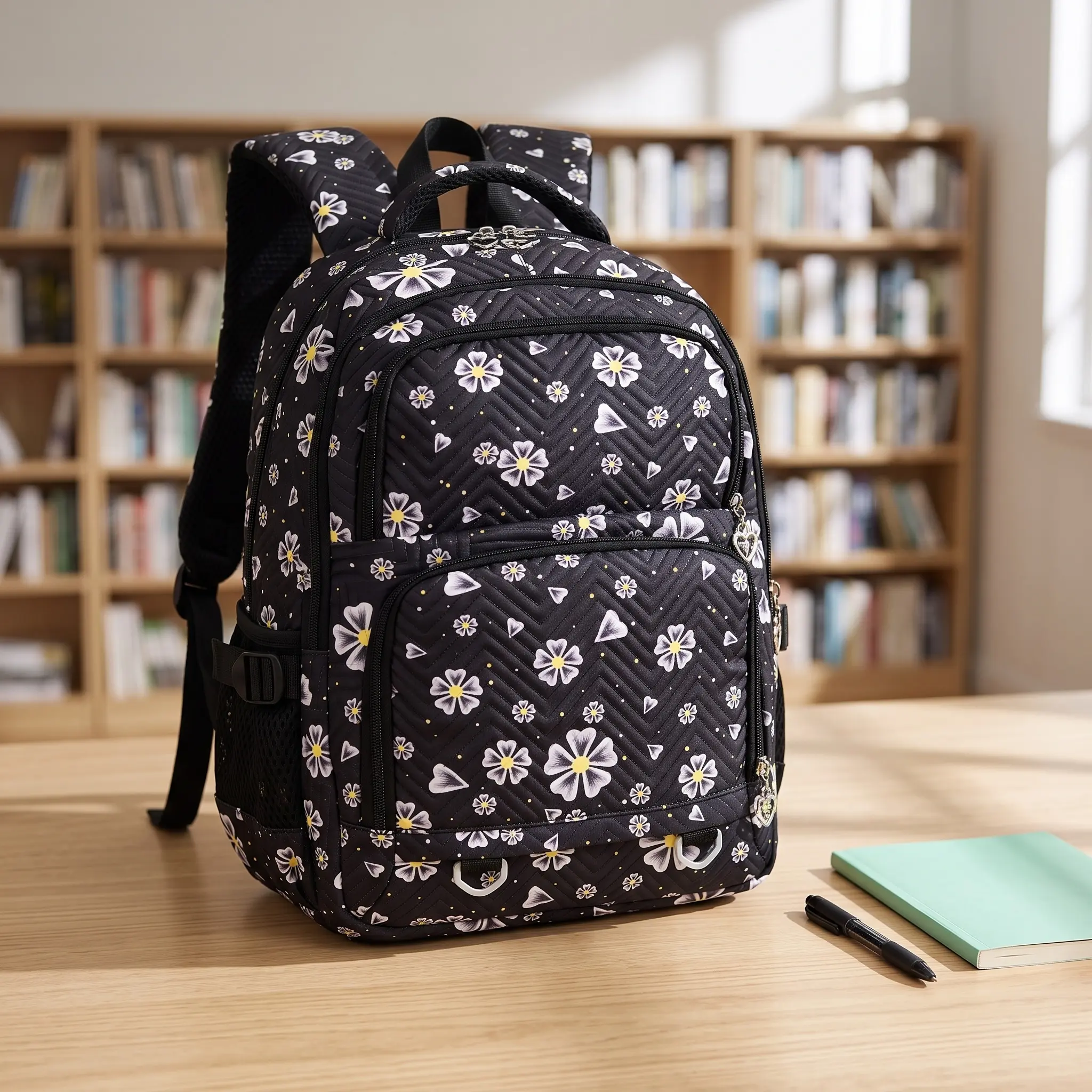 Women's Casual Oxford Nylon School Backpack, Trendy Lightweight Expandable 20-35L, Breathable Wear-Resistant, Adjustable Strap, Cute Floral Daisy Print, Fresh Chic Style, Fits 10in Laptop, Daily Essential