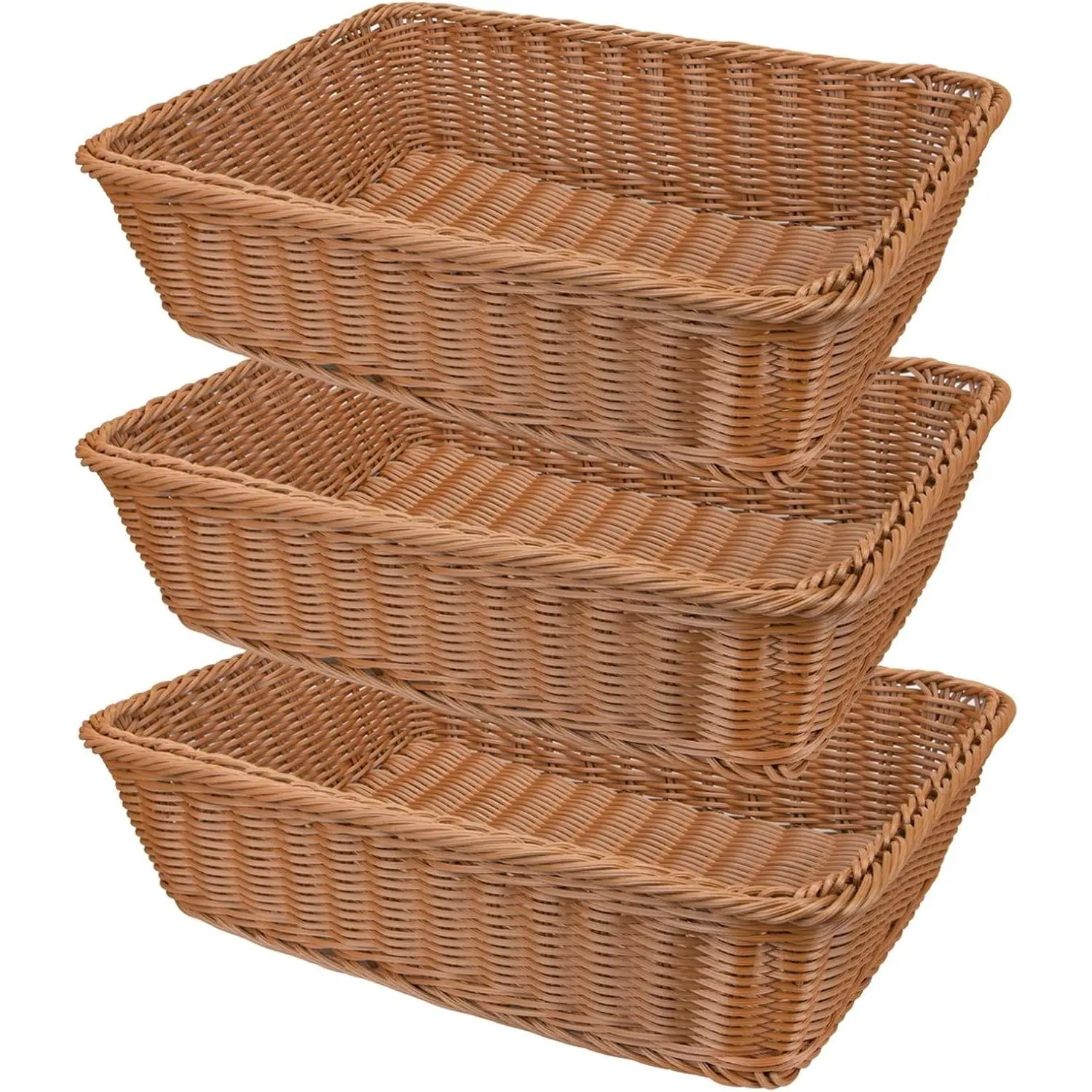 Yarlung 3 Pack 11.8 x 7.8 Inch Imitation Rattan Woven Plastic Wicker Baskets, Brown Bread Fruit Vegetable Food Serving Baskets for Kitchen, Restaurant, Outdoor Use