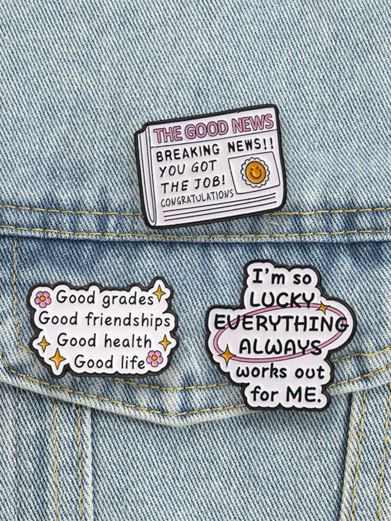 3-Piece Set Positive Quotes Enamel Pins Everything Always Works Out For Me Lucky Girl Syndrome Self-affirmation Alloy Brooches Lapel Backpack Clothing Decor Badge Fashion Jewelry Accessories Gifts for Friends