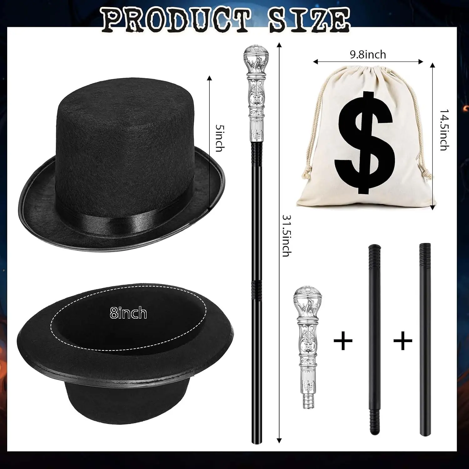 Kavoc 7Pack Gentleman Cosplay Costume Outfit Including Black Rich Man Top Hat Red Bow Tie White Moustache Canvas Money Bag for Halloween Dress Up Supplies
