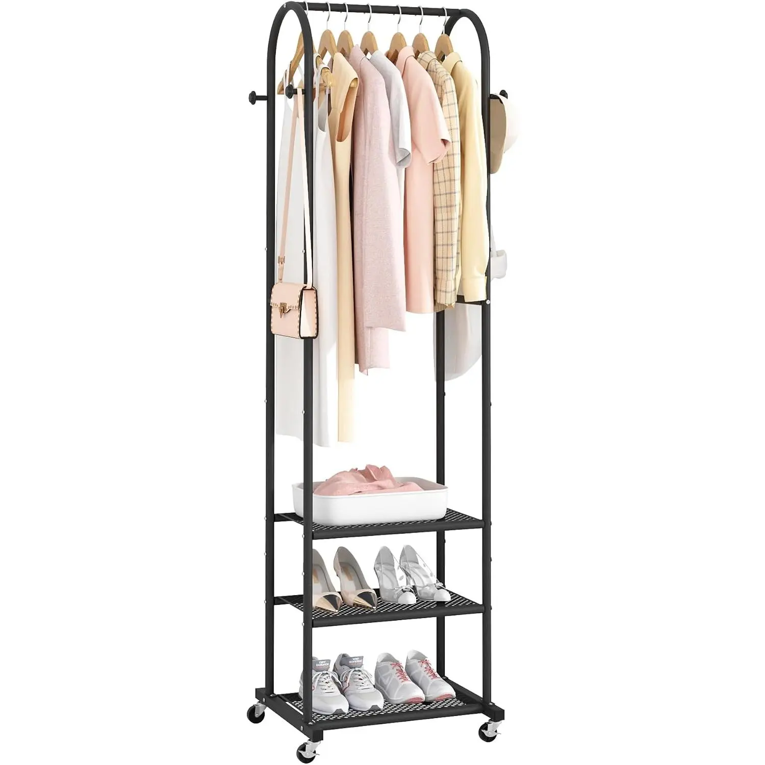 Heavy Duty Clothing Rack with Wheels, Modern Garment Rack with 3 Metal Shelves, 71.8 Inches Display Rack for Hanging Clothes, Hanging Rod for Small Space, Black