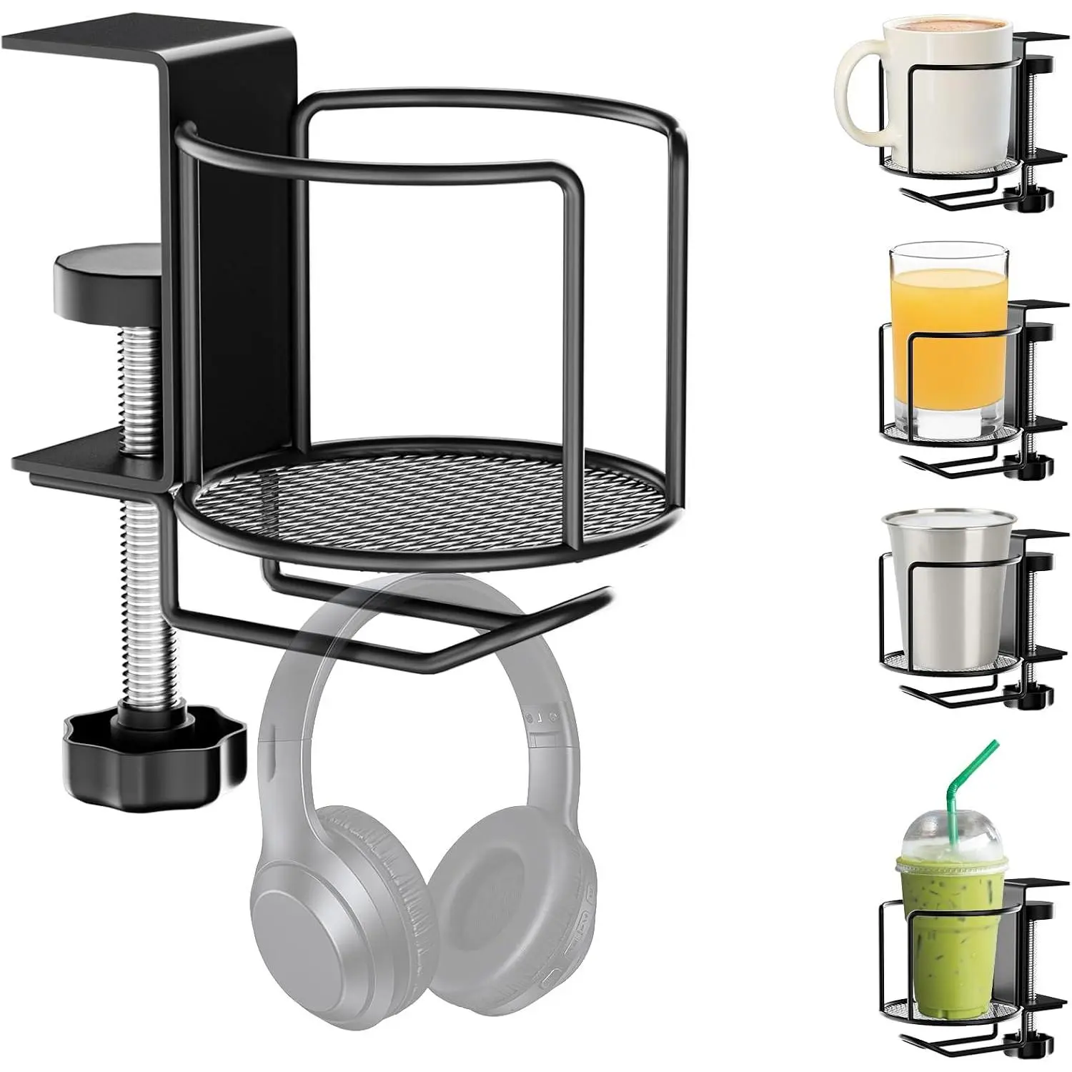 2-in-1 Desk Cup Holder with Headphone Hanger,Anti-Spill Table Water Bottle Holder,Clamp  Table Metal Drinking Holder,Compatible with  Cups/Bottles/Mugs/Cans/Tumblers/Thermoses/Glass,1Pack