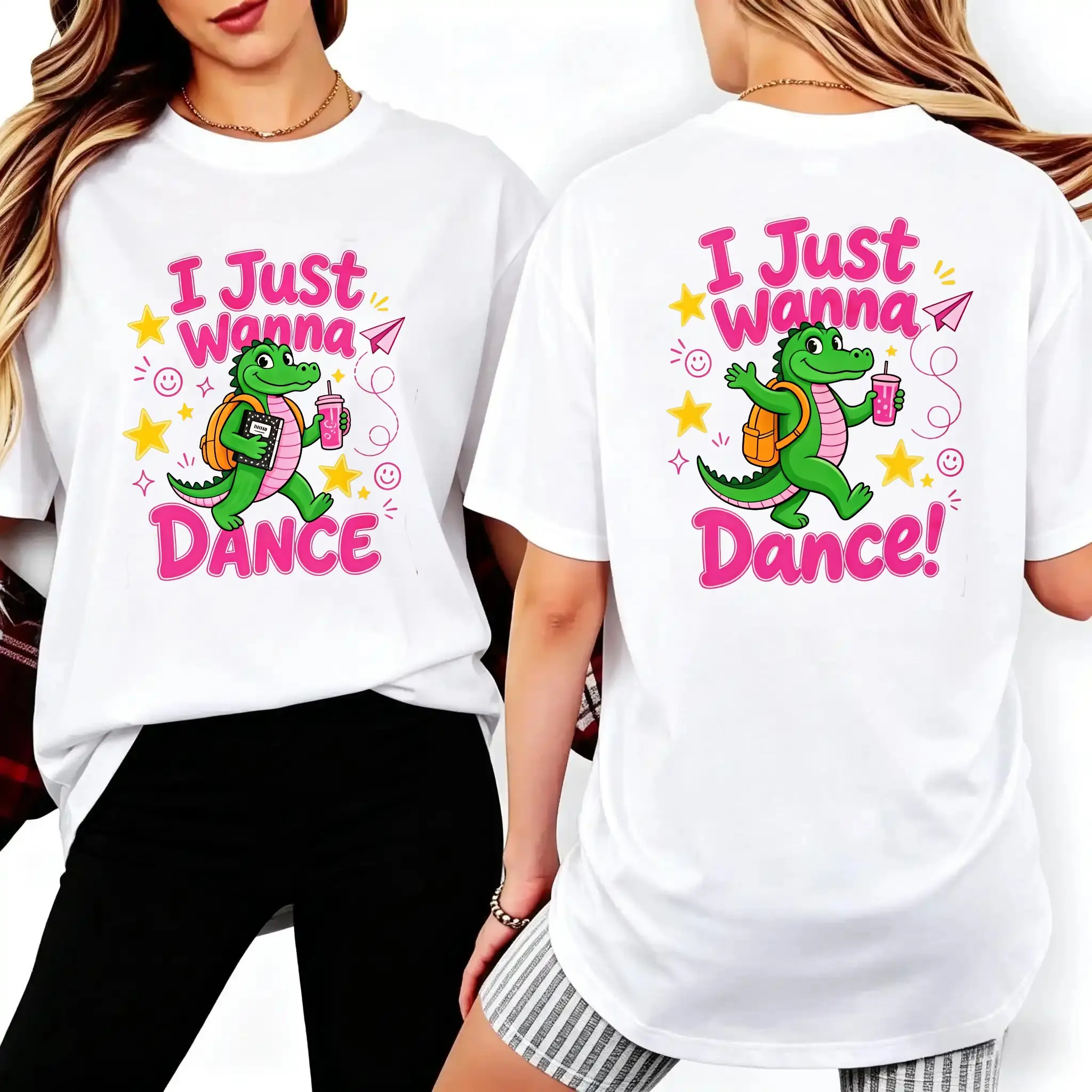 Men's 100% Cotton Lightweight Shortsleeve T-Shirt - Back-To-School, Disability Pride Month 2026 Anniversary, Cute Alligator With Backpack & Drink Graphic, Dream Fabric, "I Just Wanna Dance" Casual Tee