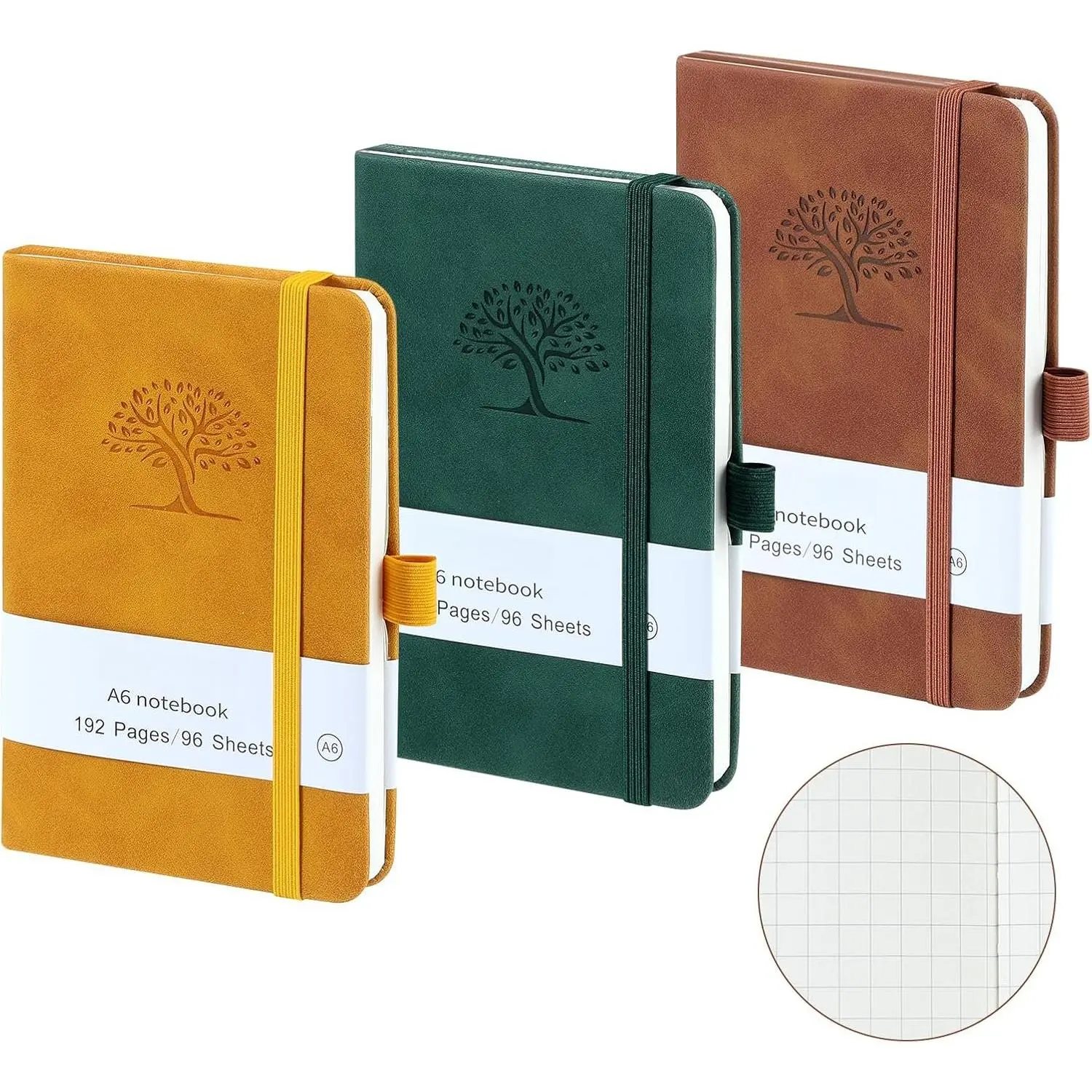 Small Notebook, Pocket Notebook, 3 Pack, Notebook A6, Squared,3.7" x 5.7"Leather, Brown, Green, Yellow,192 Pages Each, Hardcover, Mini Journal Notepad, Embossing Tree Design