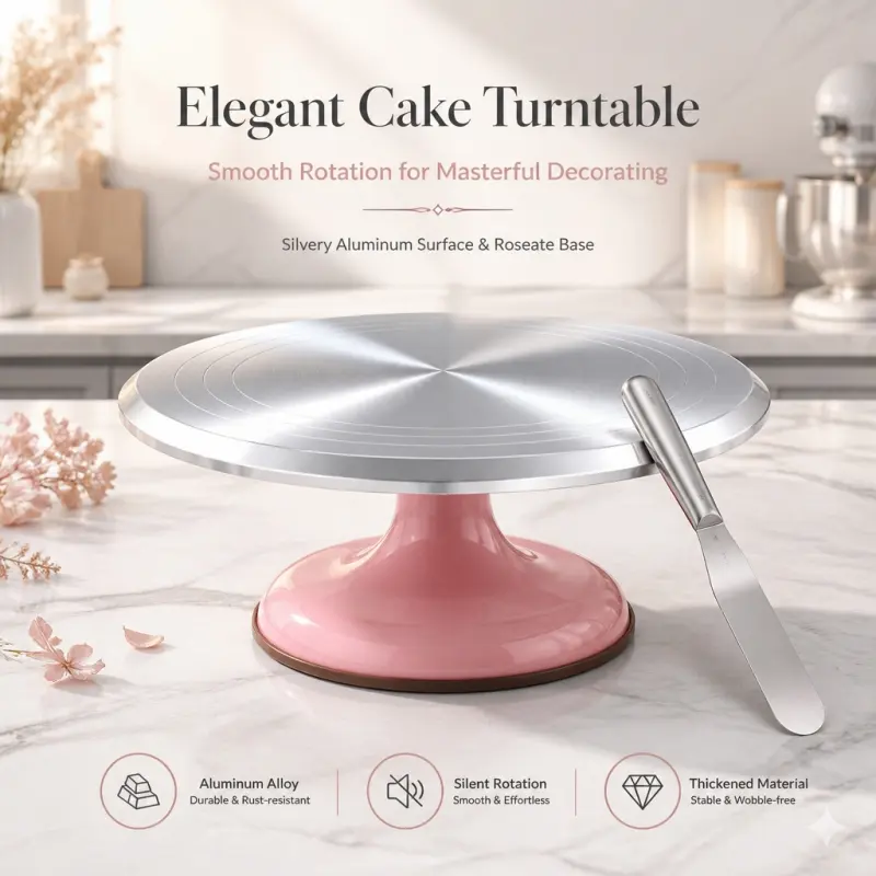 360 Rotatable Aluminum Cake Turntable with Pink Base, anti-slip decorating stand. Rotates smoothly for professional cake decorating.
