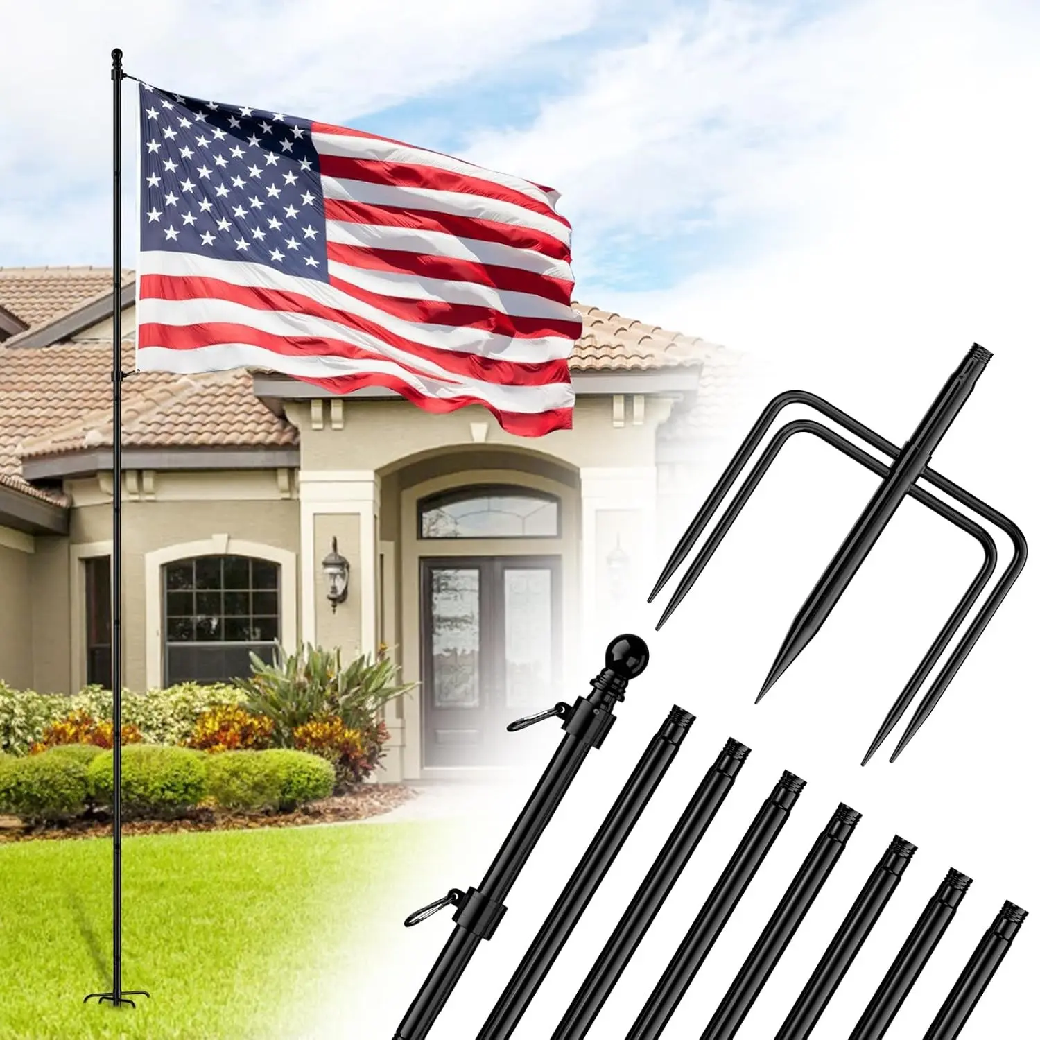 10 FT In-Ground Flag Pole, Heavy Duty Flag Pole Holder for Outside House with 5 Prong Base, Extra Thick Flag Pole Kit for Yard Outdoor Garden Residential Commercial Decor, 1 Pack (Without Flag)