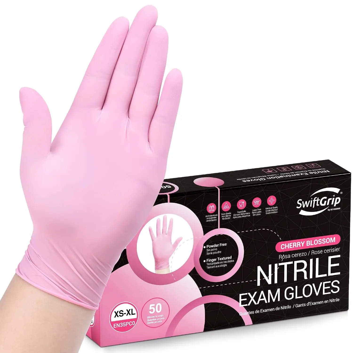 Nitrile Disposable Gloves - Medical Exam Gloves, Latex-Free, Pink, Powder-Free, 50-ct Box (Small)