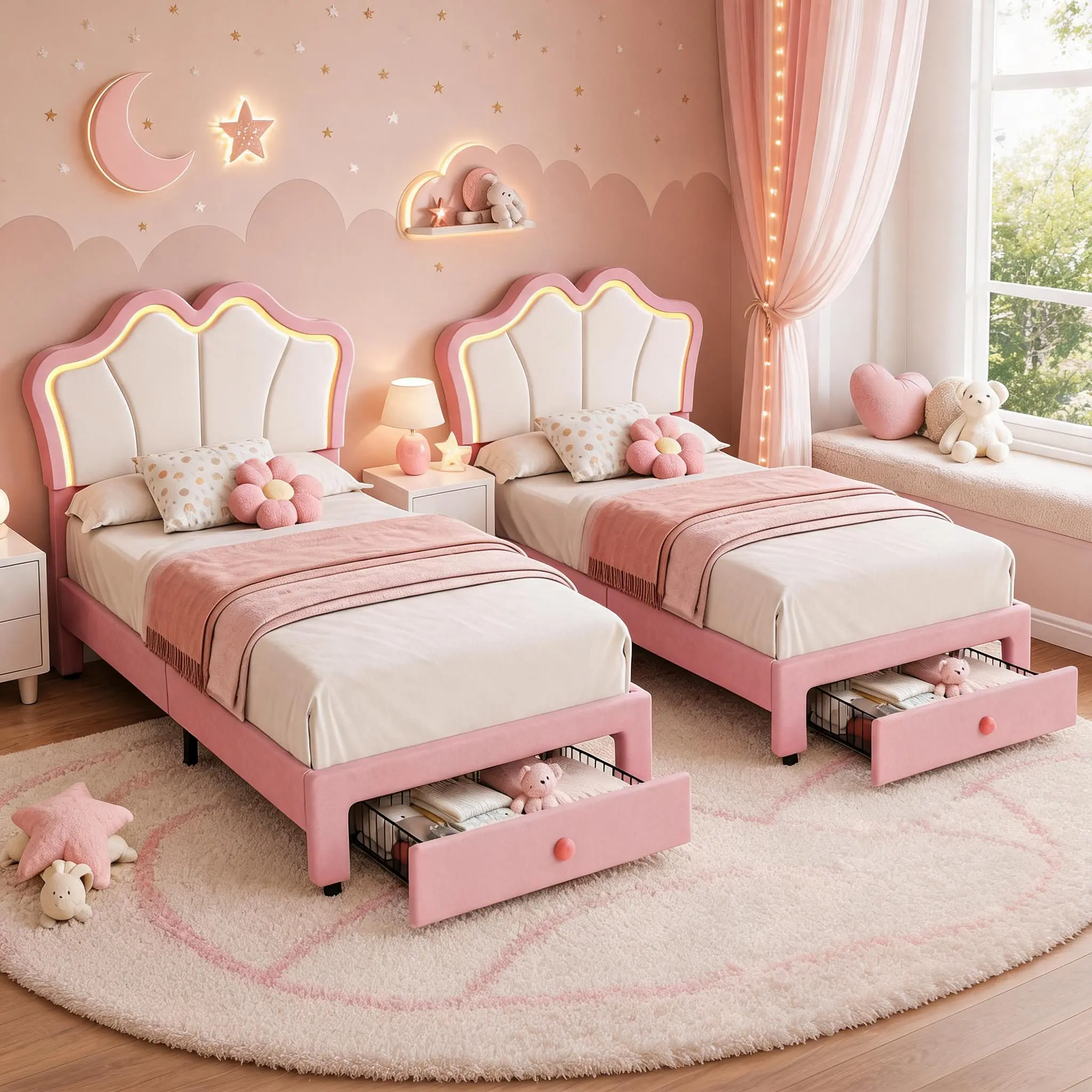 2Pcs Twin Bed Frame, Upholstered LED Storage Bed Frame with Headboard, Cute Velvet Platform Bed for Kids & Girls, Solid Wood Slats Support, No Box Spring Needed, Easy Assembly