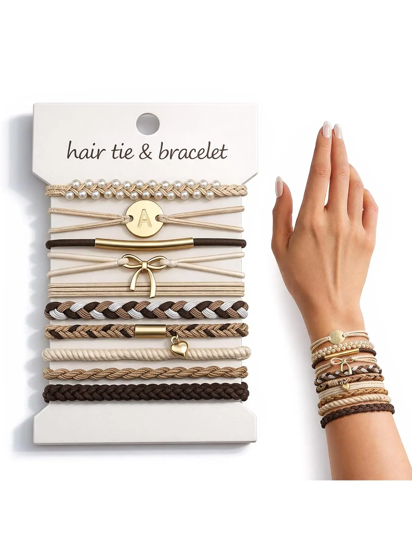 Women's coffee-colored hairpin bracelet set - with letter tags, pearls, bows and knitted elastic hair ties. Multiple versatile designs, suitable for daily updos, wrist wear and as gifts for festivals.