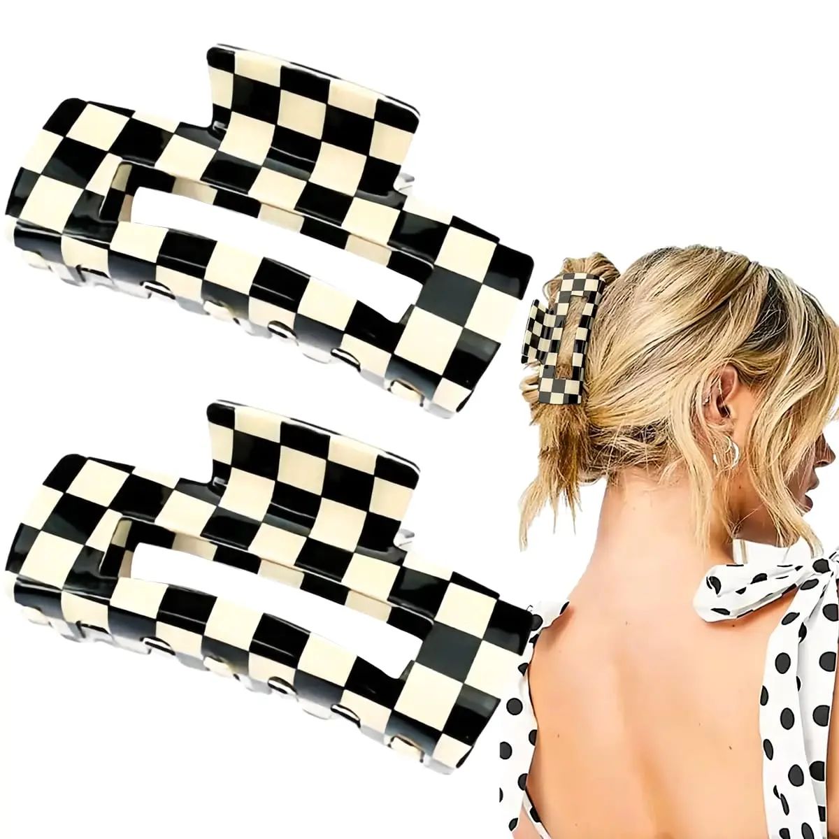 2-Pack Cute Checkered Hair Claw Clips for Women, Vintage Square Barrettes with Non-Slip Strong Hold, Rectangle, Plaid, Female, Rectangle Body, Square Shape