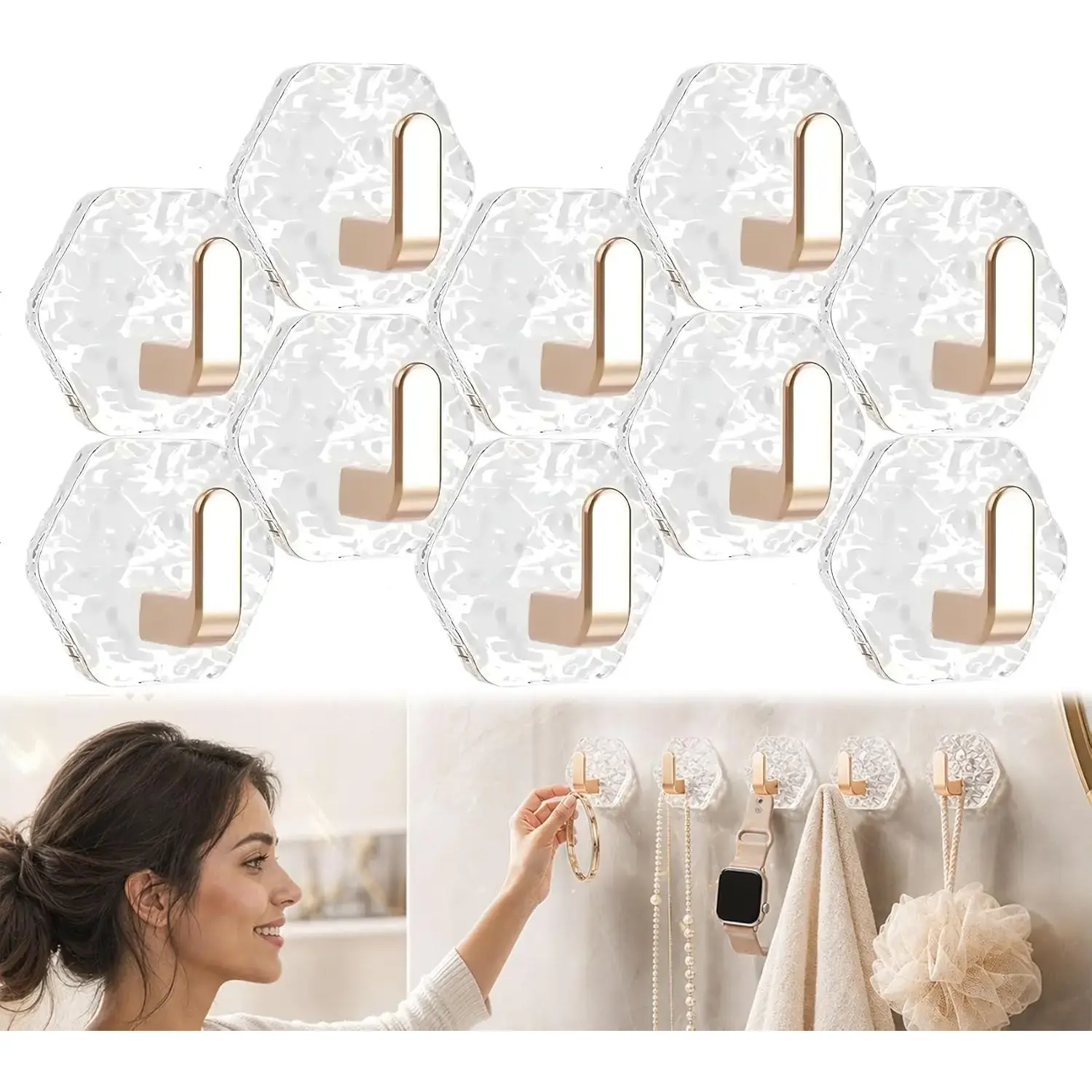 Self-adhesive hooks, pack of 10 or 20, wavy hexagon design, strong adhesive hooks, waterproof and rustproof, for bathroom, kitchen, keys, towels, and coats, home storage organizer, easy installation