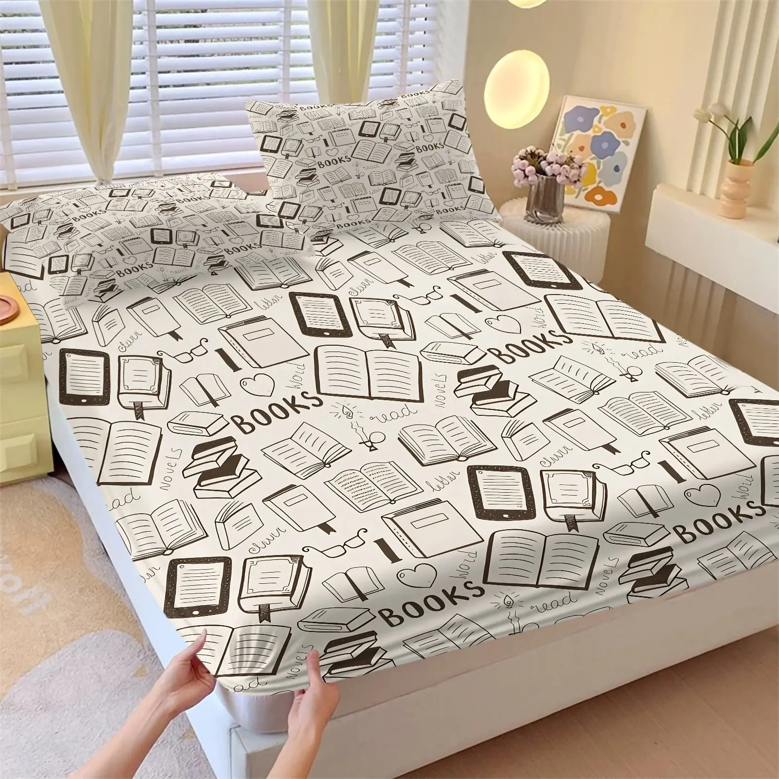 I Love Book Themed Fitted Sheet Set, 1 Fitted Sheet & 2 Pillowcase No Filling, Soft Breathable Bedding Set All Season Bed Sheets Set for Book Lovers Readers Teens Bedroom Decor Holiday Gift