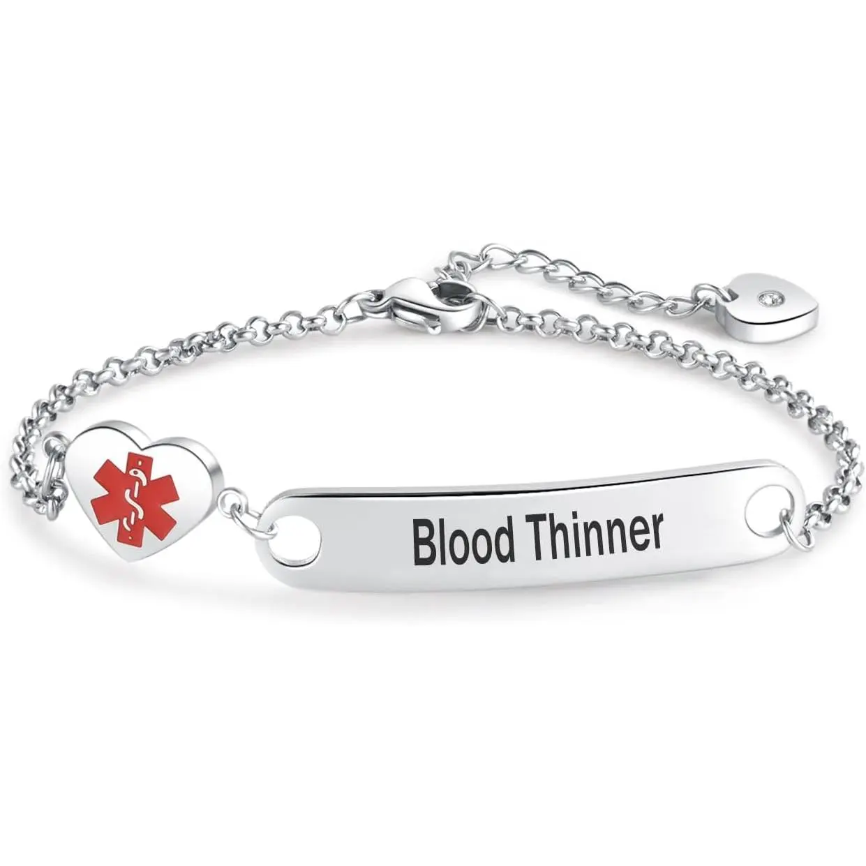 Women's Modern Heart Emergency Aid ID Bracelet, Stainless Steel Adjustable Chain with Engraved Label & Quick Response Feature