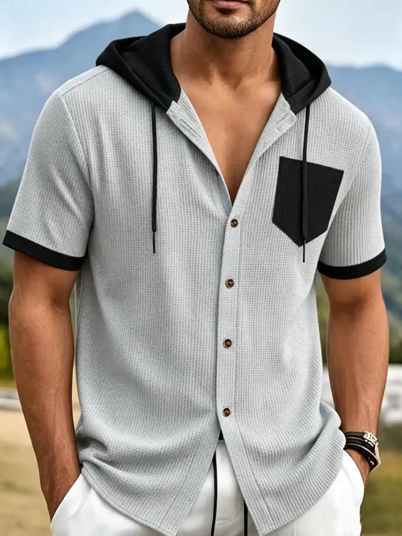 Men's Waffle Knit Short Sleeve Hooded Button Shirt, Patchwork Pocket Casual Hoodie, Summer Loose Lightweight Drawstring Neck Top