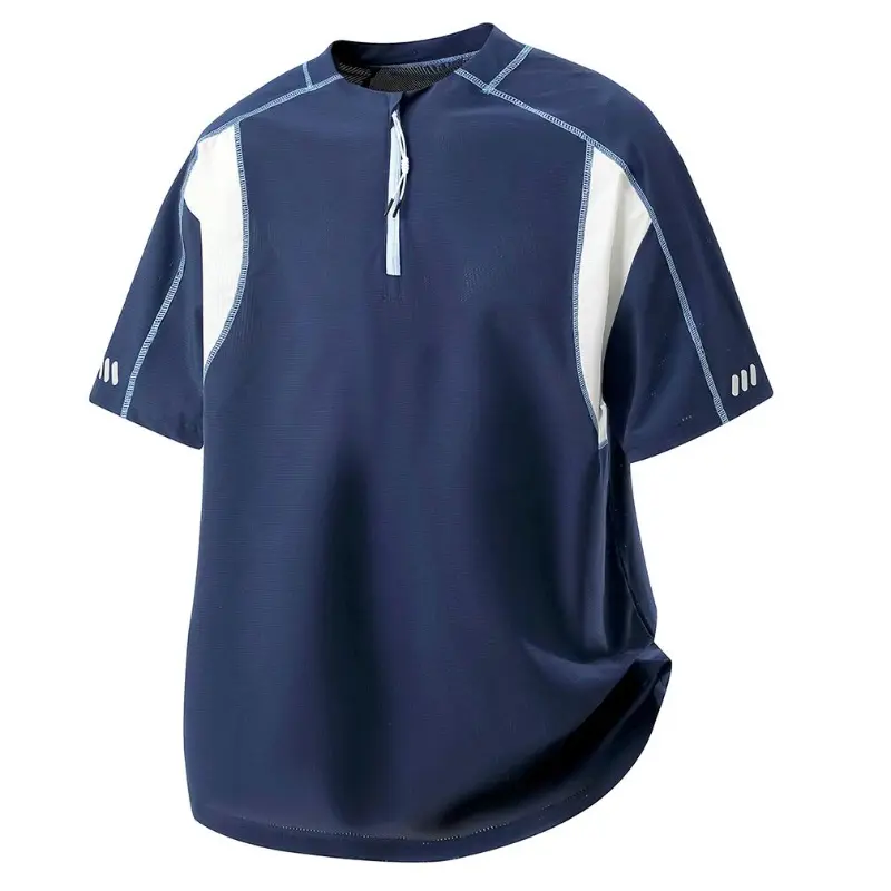 Men's Loose-Fitting Medium-Length Patchwork Half-Zip Stand Collar Minimalist Athletic T-Shirt - 90% Polyester Fiber, 10% Polyurethane Elastic Fiber (Elastane), Breathable, Quick-Dry, Machine Washable, for Gym, Outdoor Workout, Patchwork Detail, Short Slee