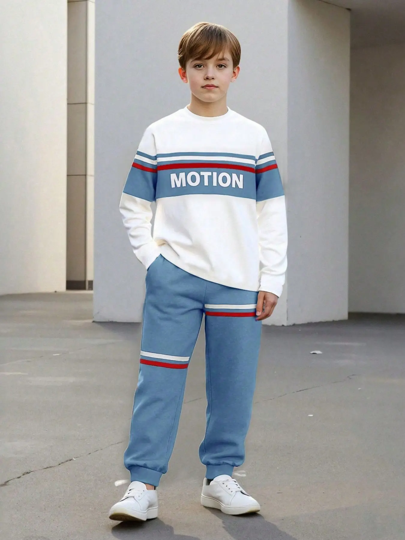 Boys' Trendy Round Neck Sweatshirt and Pants Set, Stylish Fine Stripes and Letter Prints, Comfortable Wear, Suitable for Home and Work