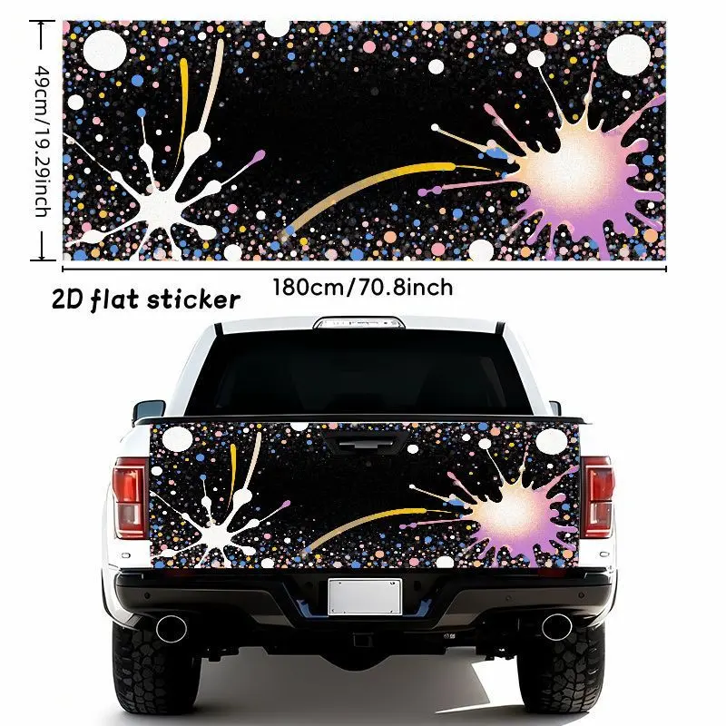 1pc 70.87*19.29inch 2D Flat Sticker Vibrant Abstract Paint Splatter Cosmic Art for car Tailgate Sticker -Dynamic Yellow Pink Blue Purple Gradient Explosion Design with Radiant Arc And Multicolored Speckles - Waterproof Self-Adhesive Window Bumper Decal fo