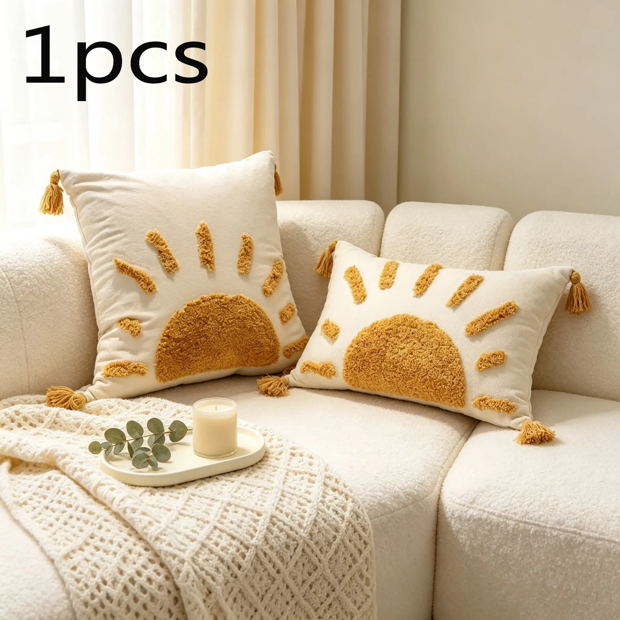 1pcs Creamy Sun Fringe Pillow Cover, Embroidered Tufted cushion cover, Decorative Seat Pad for Bedroom, Living Room, Sofa, Bed, No Inner Core Included
