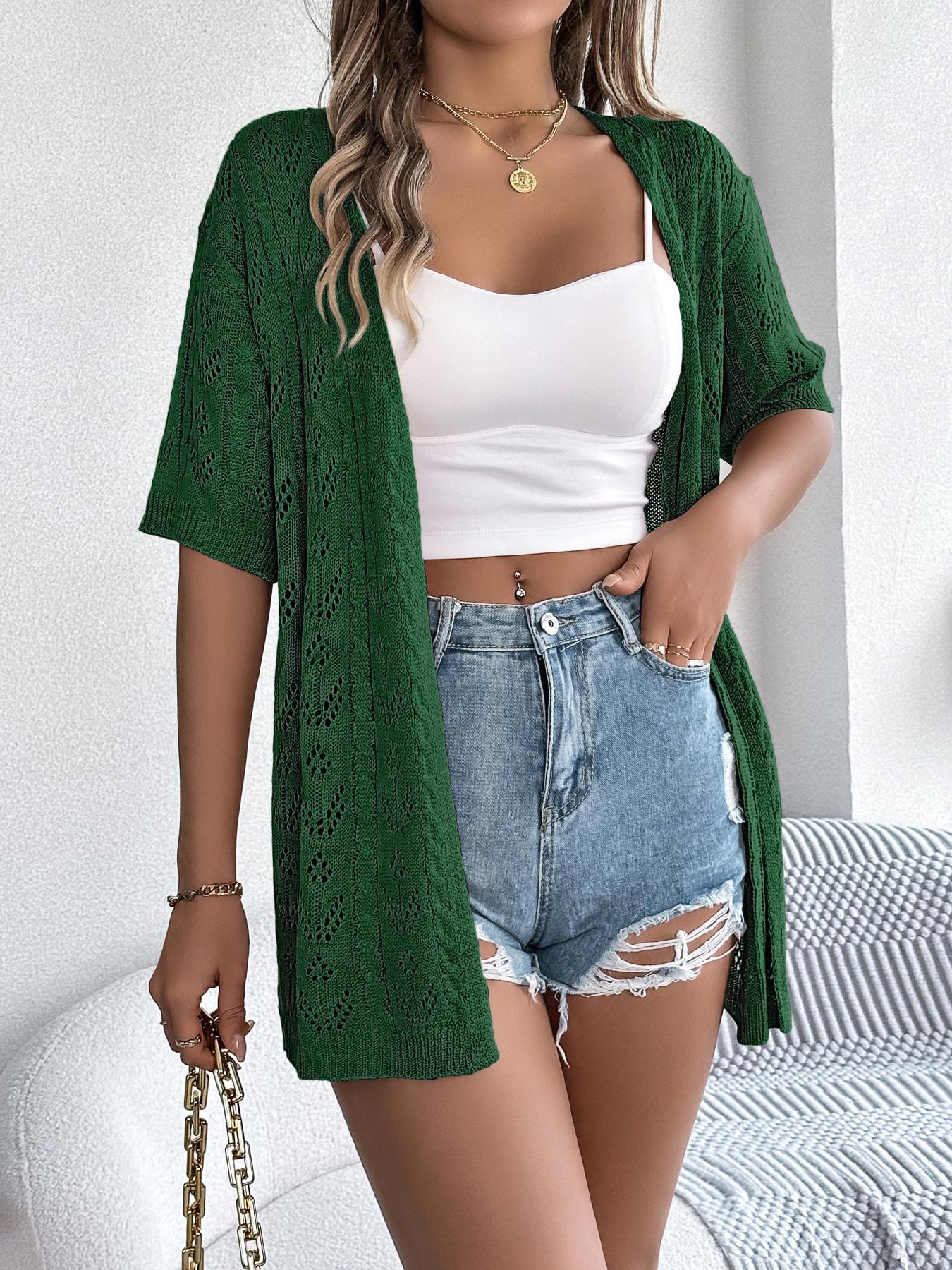 Women's Plain Hollow Out Sheer Vneck Drop Shoulder Fit Cardigan, Casual Half Sleeve Open Front Knitwear for Summer, Fashion Women's Knit Clothing for Daily Wear