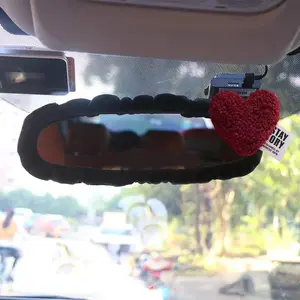 New Retro Red Hearts Car Mirror Cover Universal Stretch Soft Plush Auto Interior Rearview Mirror Case Decor Accessories Women