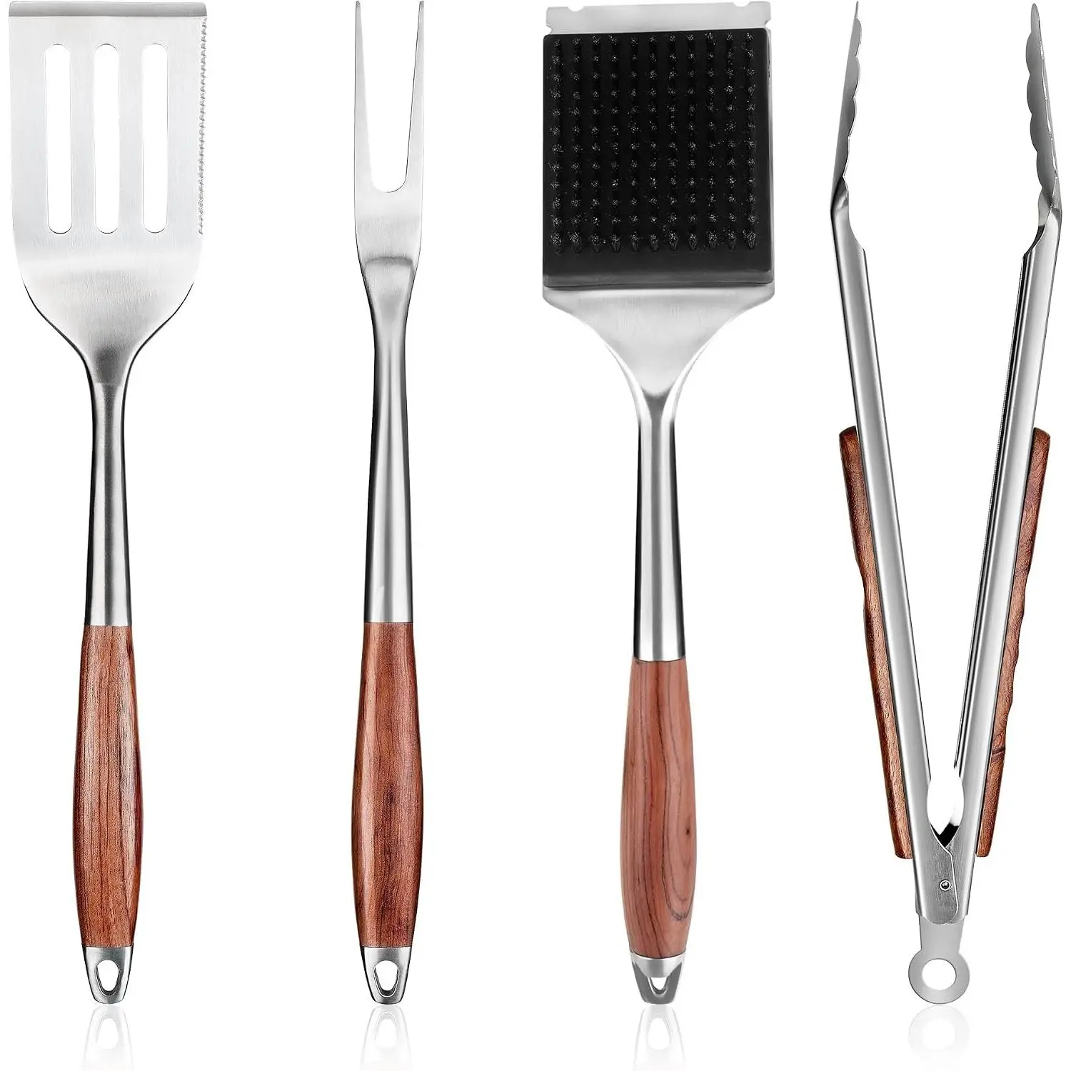 Heavy-Duty Rose Wooden BBQ Grilling Tools Set - Outdoor Grill Accessories with Spatula, Fork, Brush & Tongs, Essential Barbecue Gift for MenGift