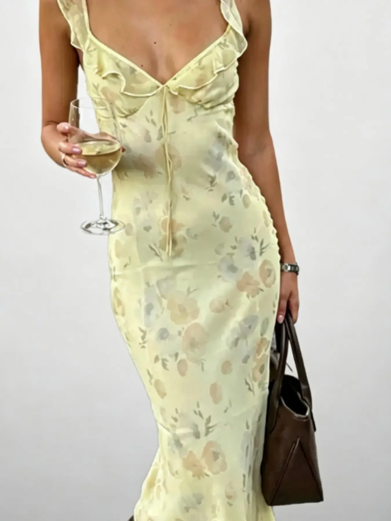 Summer French Floral Halter Dress, Ruffle V Neck Tie Waist Fish Tail Long Dress, Vacation Date Pure Desire Chiffon Dress