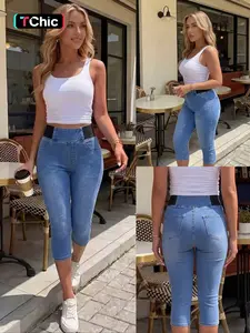 GILIPUR Women's Light Blue Washed Contrast Black Elastic Waist Pull On Capri Jeans, High Stretch Slim Fit Butt Lifting Cropped Denim Pants with Pockets, Casual Summer Daily Streetwear Vacation Beach Outfits Bottom for Women TChic