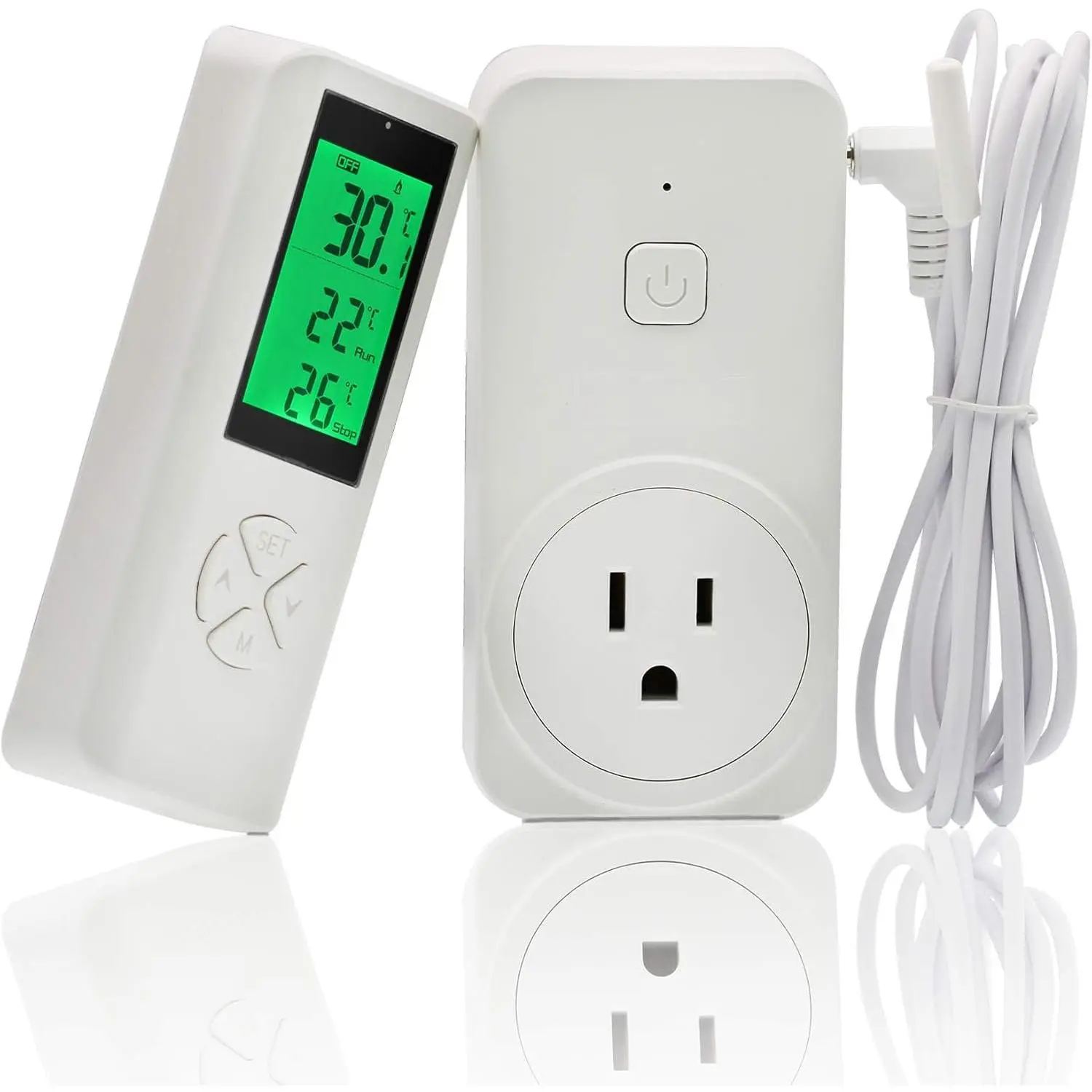 Thermostat Outlet, Temperature Controlled Outlet Heating & Cooling Remote Control and Plug-In Receiver, Over 300  Range, with 6ft NTC Temp Probe (Outlet Detect Temperature)