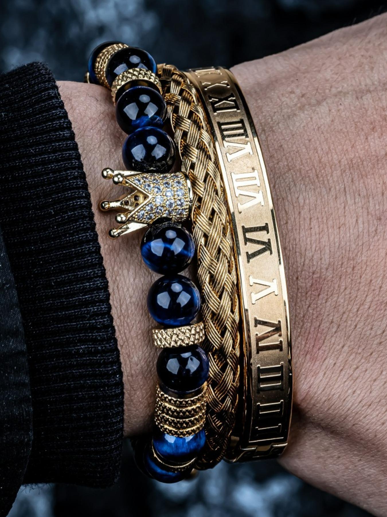 Men's Black Onyx Bracelet Set, Rhinestone Crown Decor Beaded Bracelet, Braided Bracelet, Rhinestone Decorated Bracelet, Bracelet for Men, Jewellery Accessories for Gift, Accessories, Bracelets