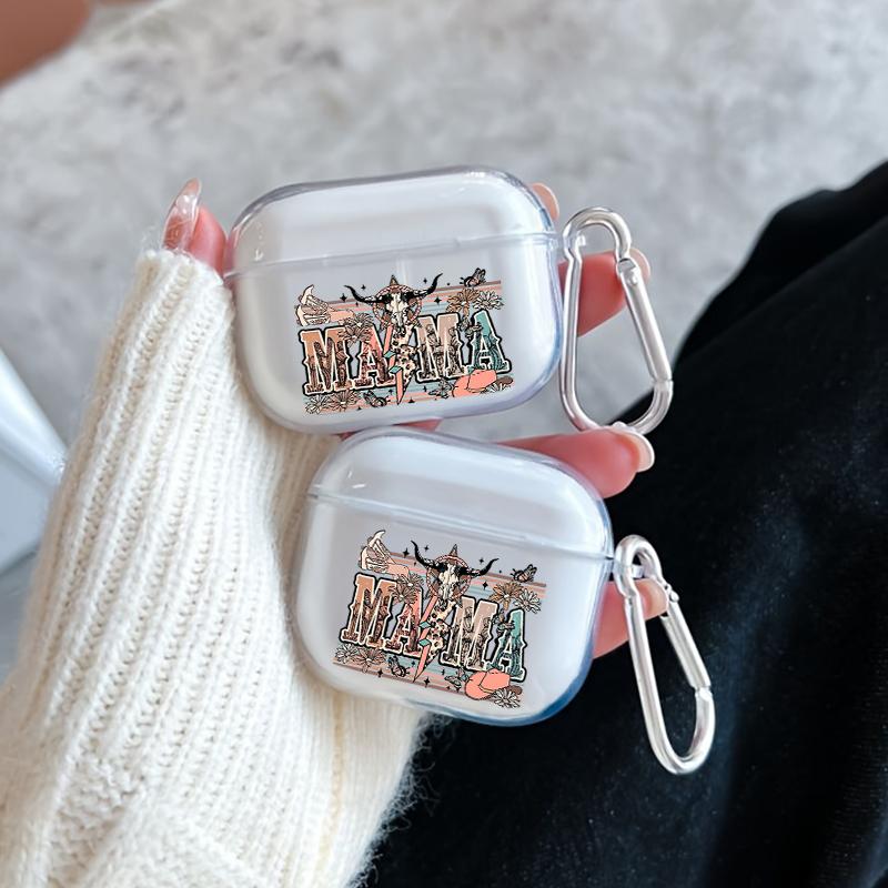 Western MAMA Pattern TPU Soft Protective Case for Apple AirPods 4/3/2/1/Pro/Pro2 Transparent Earphone Cover with Keychain Attachment