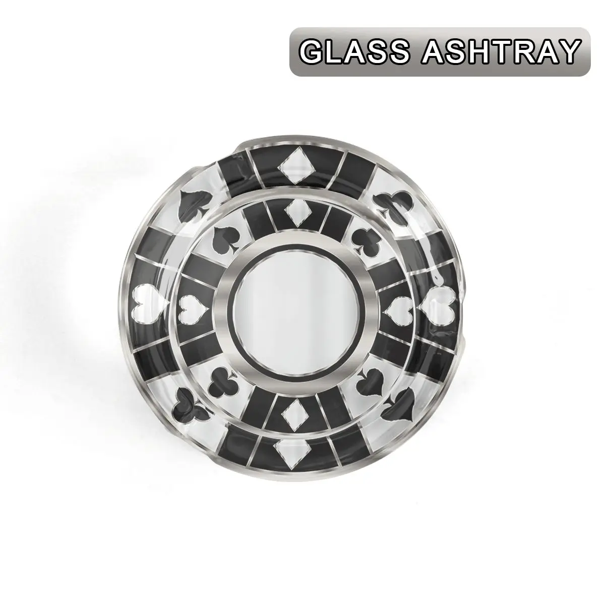 1Pc Black White Checkered Playing Card Suit Pattern Round Clear Glass Ashtray, Poker Casino Themed Decorative Crystal Tray, Classic Card Game Desktop Ornament for Home Bar Game Room Decor Decoration Items & Unique Gift for Poker Fans