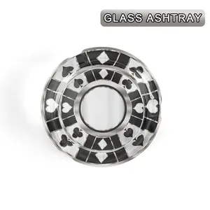 1Pc Black White Checkered Playing Card Suit Pattern Round Clear Glass Ashtray, Poker Casino Themed Decorative Crystal Tray, Classic Card Game Desktop Ornament for Home Bar Game Room Decor & Unique Gift for Poker Fans