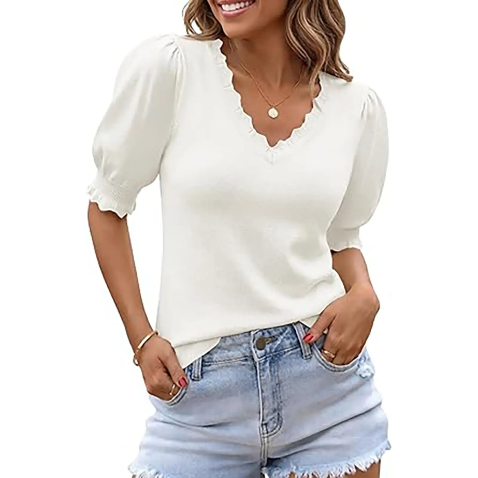 Saodimallsu Women's Cute V-Neck Pullover with Puff Sleeves, Dainty Ruffle Knitwear for Trendy Summer Women's Fashion, Clothes For Women,back to school,back to school shopping