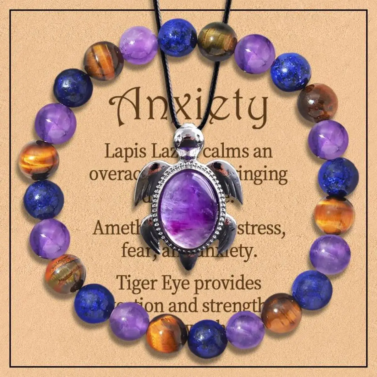 Natural Gemstone Jewelry Set for Women with Affirmation Card, 2-Piece Stacked Set with Round Bead Anxiety Relief Bracelet & Necklace for Birthday, Anniversary, Two Piece Set, Round Beads