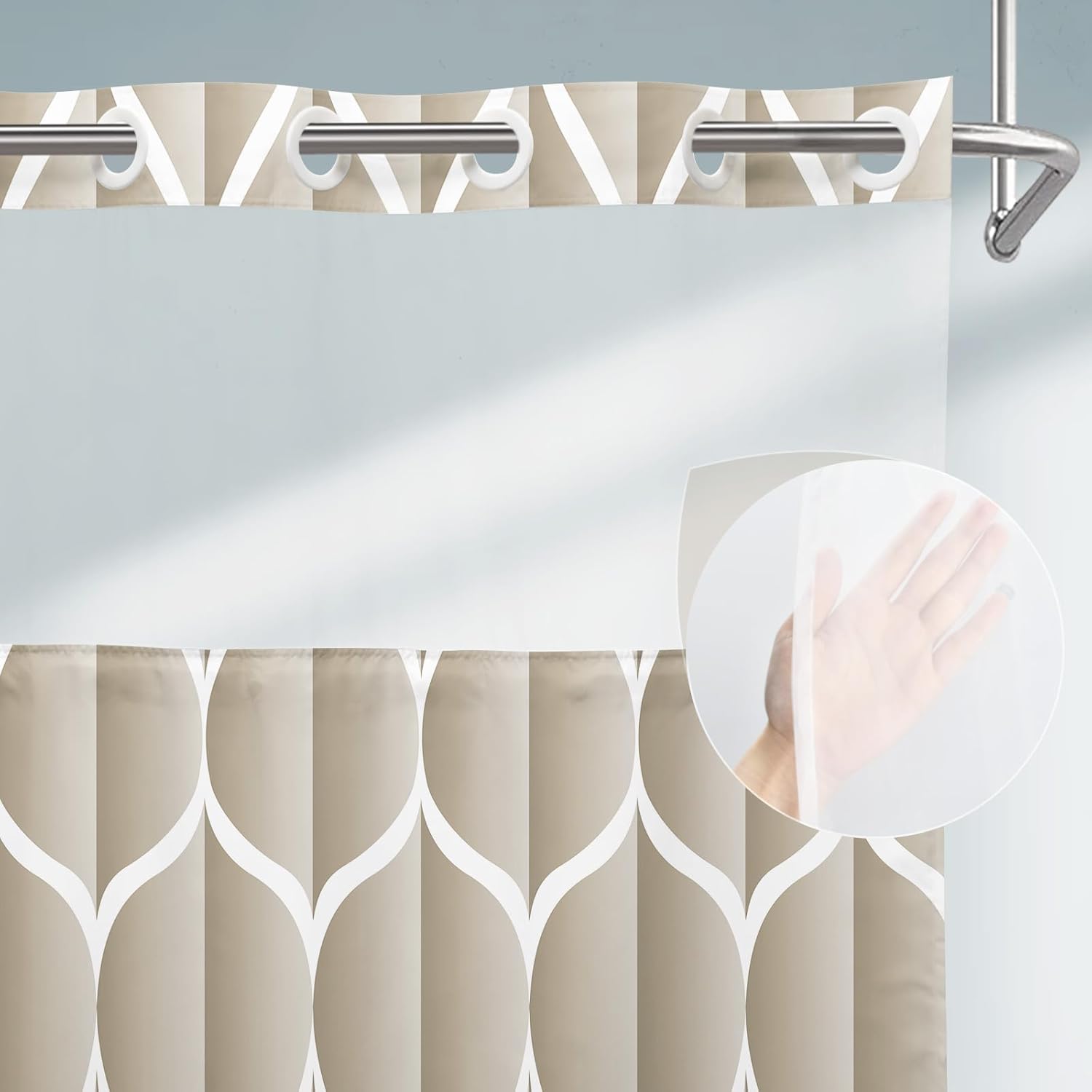 Geometric corrugated no hook shower curtain, double-layer shower curtain with inner lining, soft polyester fabric, fashionable and simple style home decoration, bathroom accessory, 72x75in