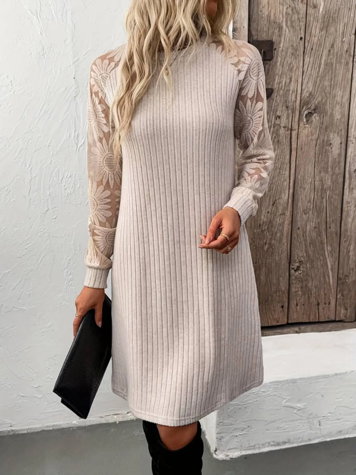 Women's Casual Solid Color Lace Patchwork Ribbed Long Mini Dress, Elegant and Comfortable Design, Perfect for Daily Wear and Special Occasions