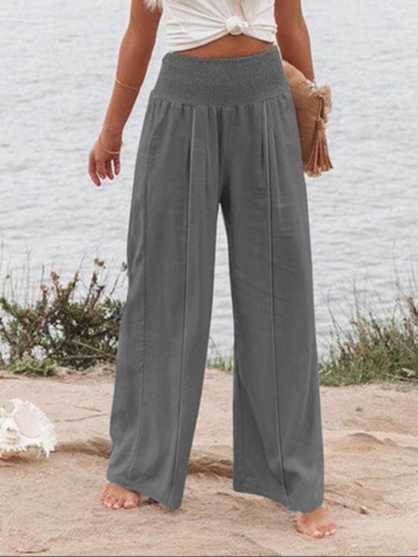 Women's Solid Shirred Wide Leg Pants, Casual Comfy Pocket Trousers for Daily Wear, Ladies Bottoms for All Seasons, Casual Lounge Pant