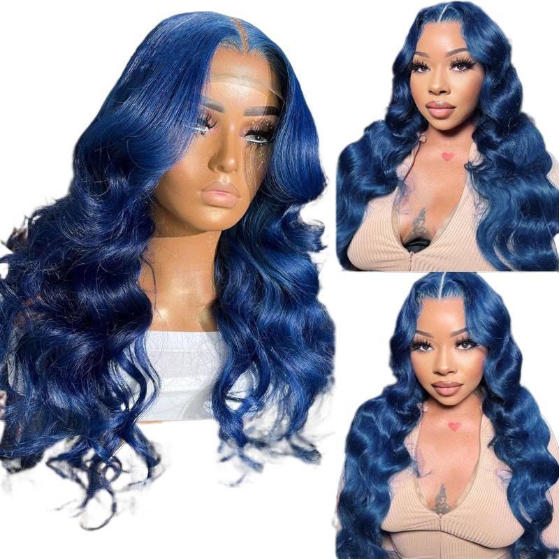 2026 Wig with middle parting, blue large wavy long curly hair, rose net cap